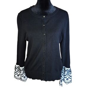 NWT Charter Club Black Cardigan Embroidered Cuffs Small Elegant Classic